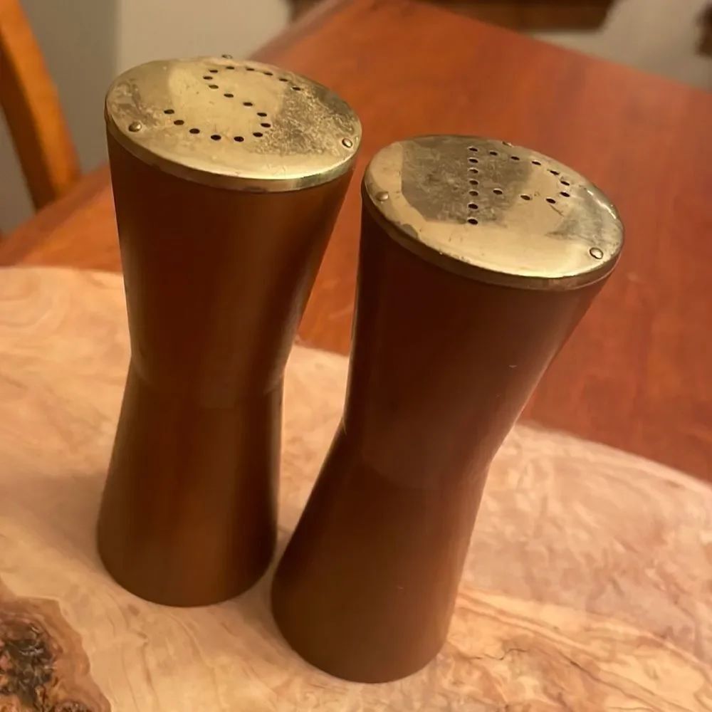 Vintage Wood and Brass Salt & Pepper Shakers